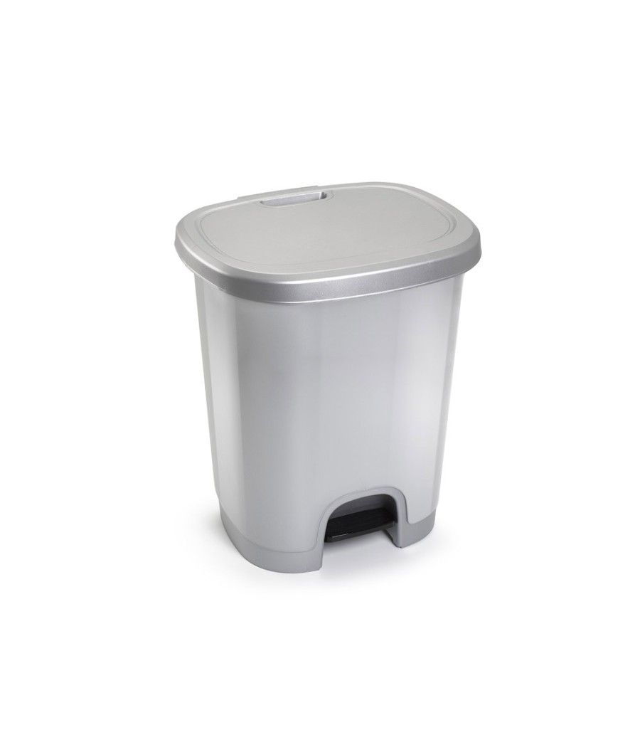 Papelera contenedor plasticforte plástico con tapadera y pedal 27 litros color plata 380x320x450 mm - Imagen 1