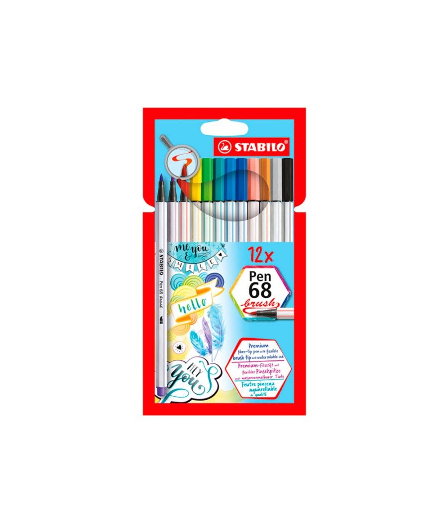 Rotulador stabilo acuarelable pen 68 brush punta pincel estuche de 12 unidades colores surtidos - Imagen 1