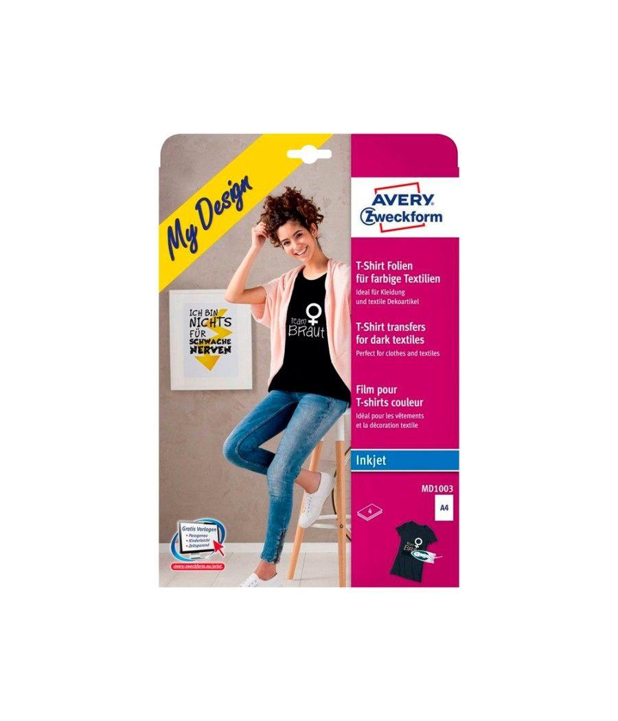 Papel transfer avery para camisetas algodón colores oscuros ink-jet din a4 pack de 4 hojas - Imagen 1