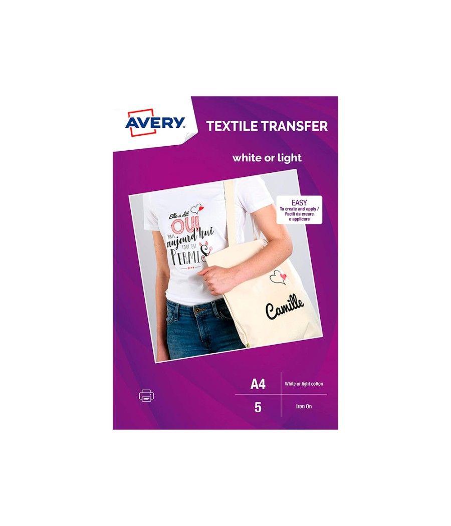 Papel transfer avery para camisetas algodón color blanco ink-jet din a4 pack de 8 hojas - Imagen 1