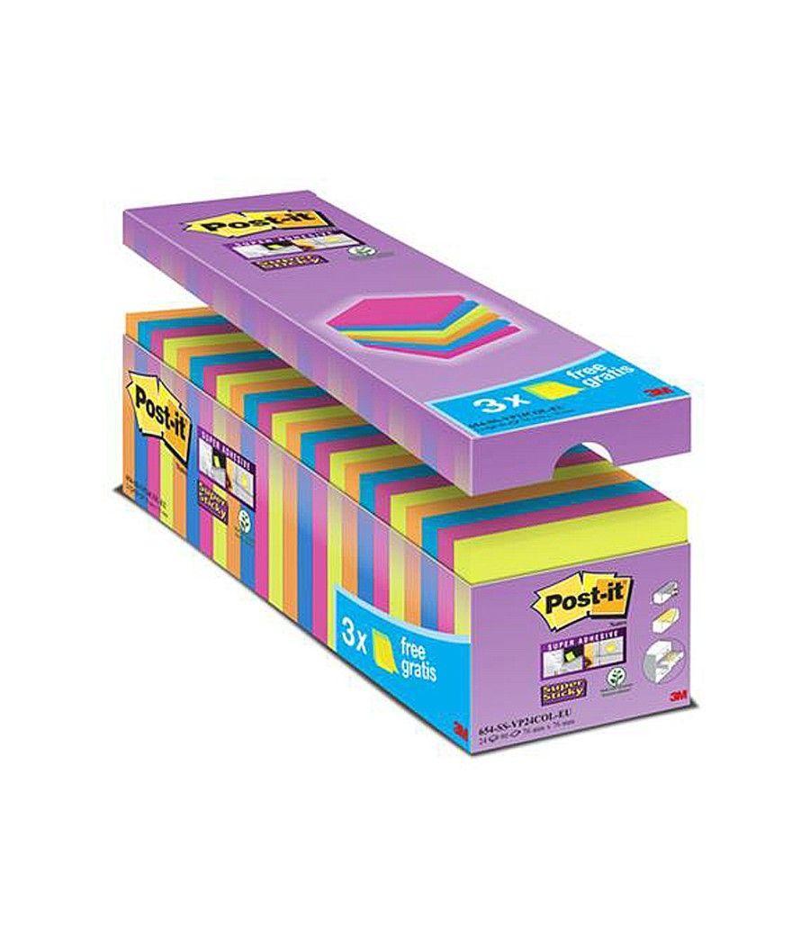 Bloc de notas adhesiva quita y pon post-it super sticky 76x76 mm 90 hojas colores surtidos pack de 21 + 3 - Imagen 1