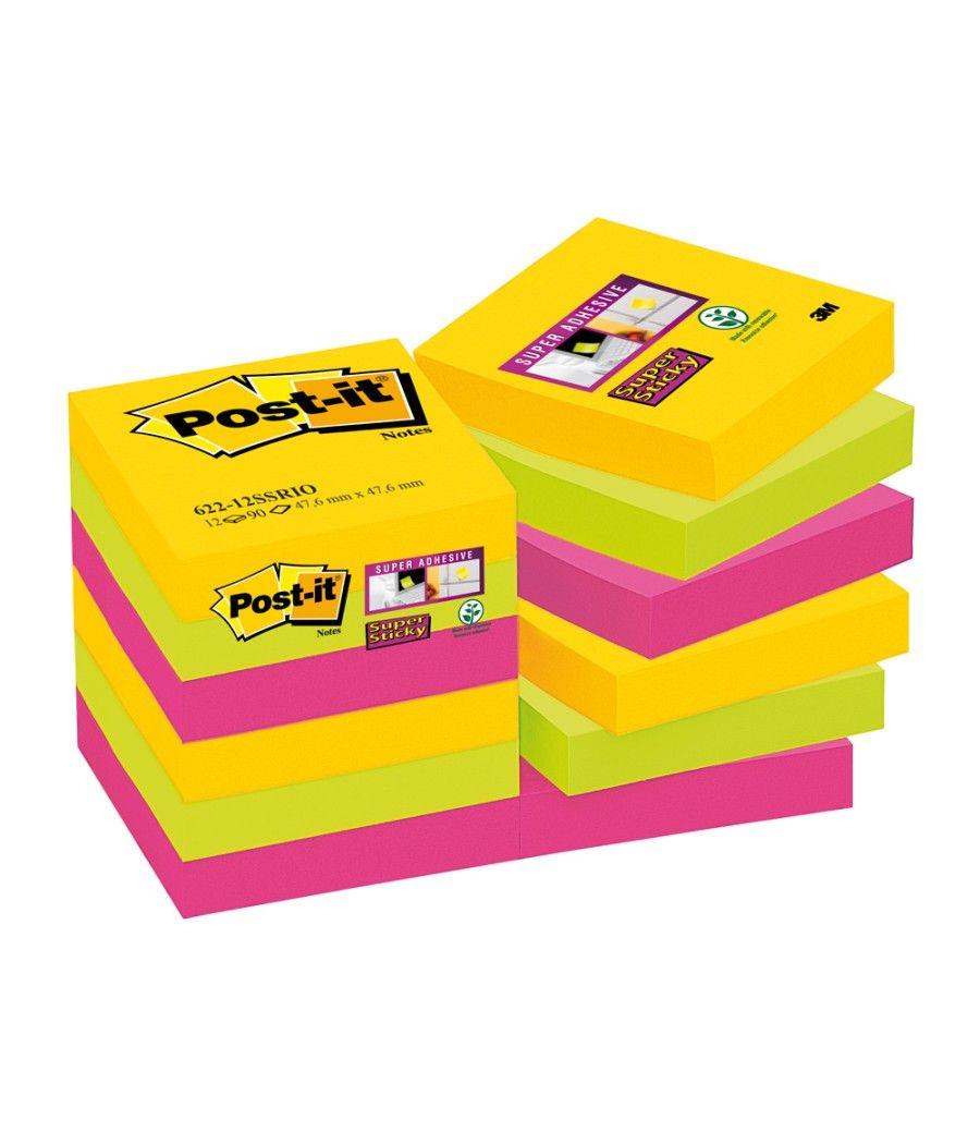 Bloc de notas adhesivas quita y pon post-it super sticky 47,6x47,6 mm con 90 hojas pack de 12 bloc colores - Imagen 1