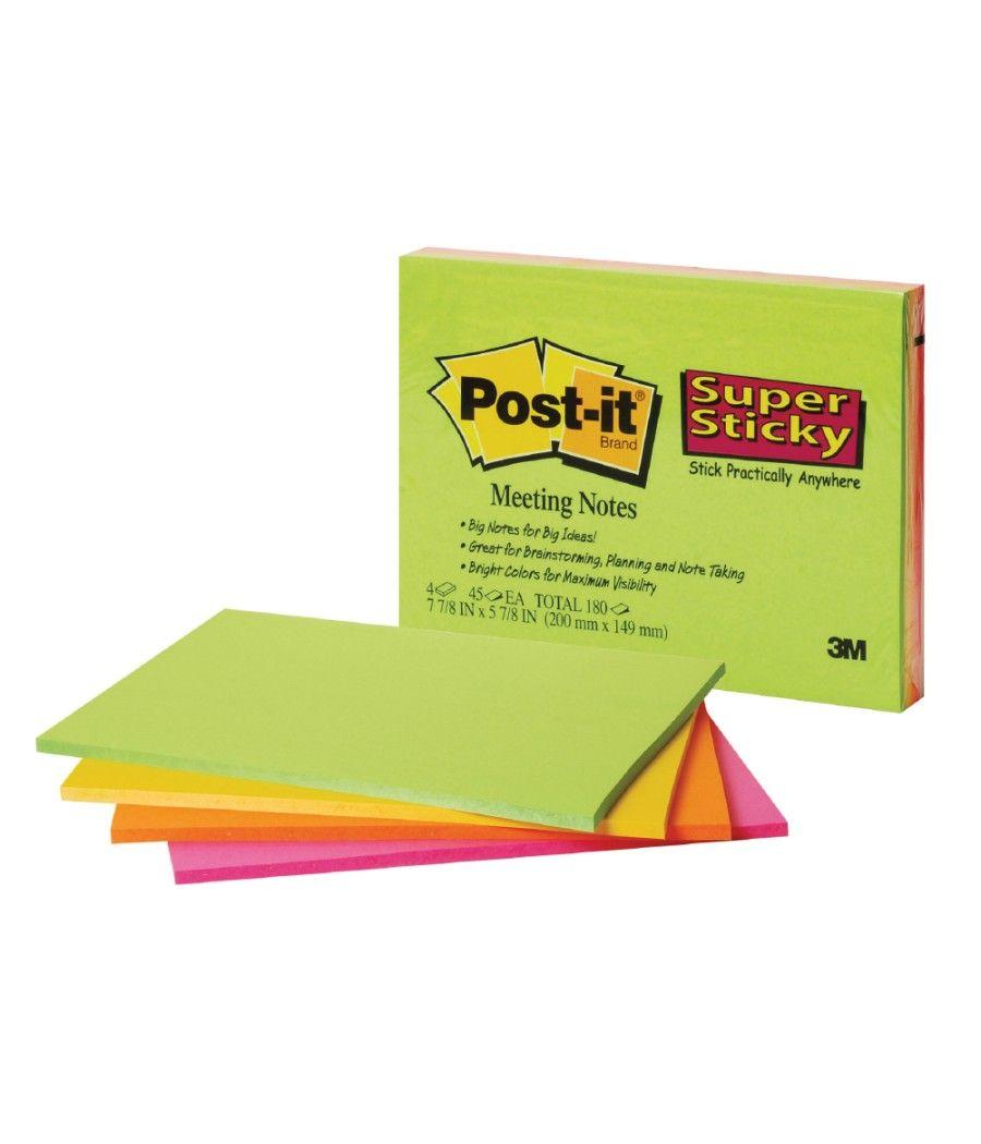Bloc de notas adhesivas quita y pon post-it super sticky 149x98 mm con 45 hojas pack de 4 unidades colores neon - Imagen 1
