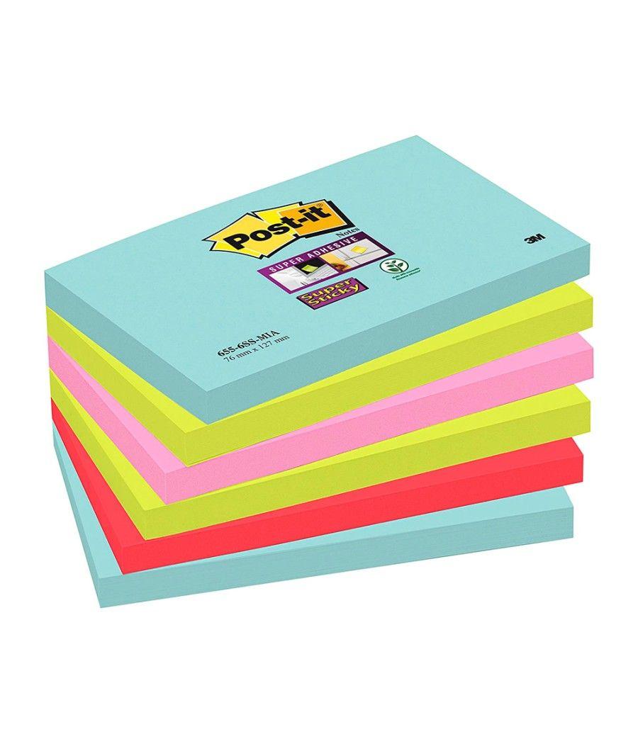 Bloc de notas adhesivas quita y pon post-it super sticky 76x127 mm con 90 hojas pack de 6 unidades colores miami - Imagen 1