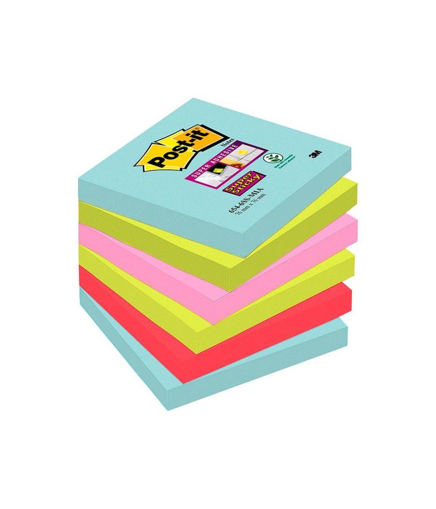 Bloc de notas adhesivas quita y pon post-it super sticky 76x76 mm con 90 hojas pack de 6 unidades colores miami - Imagen 1