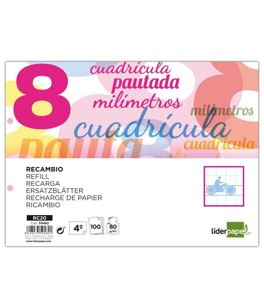 Recambio liderpapel cuarto pautaguia 100 hojas 75 g cuadriculado pautado 8 mm con margen 2 taladros apaisado - Imagen 1