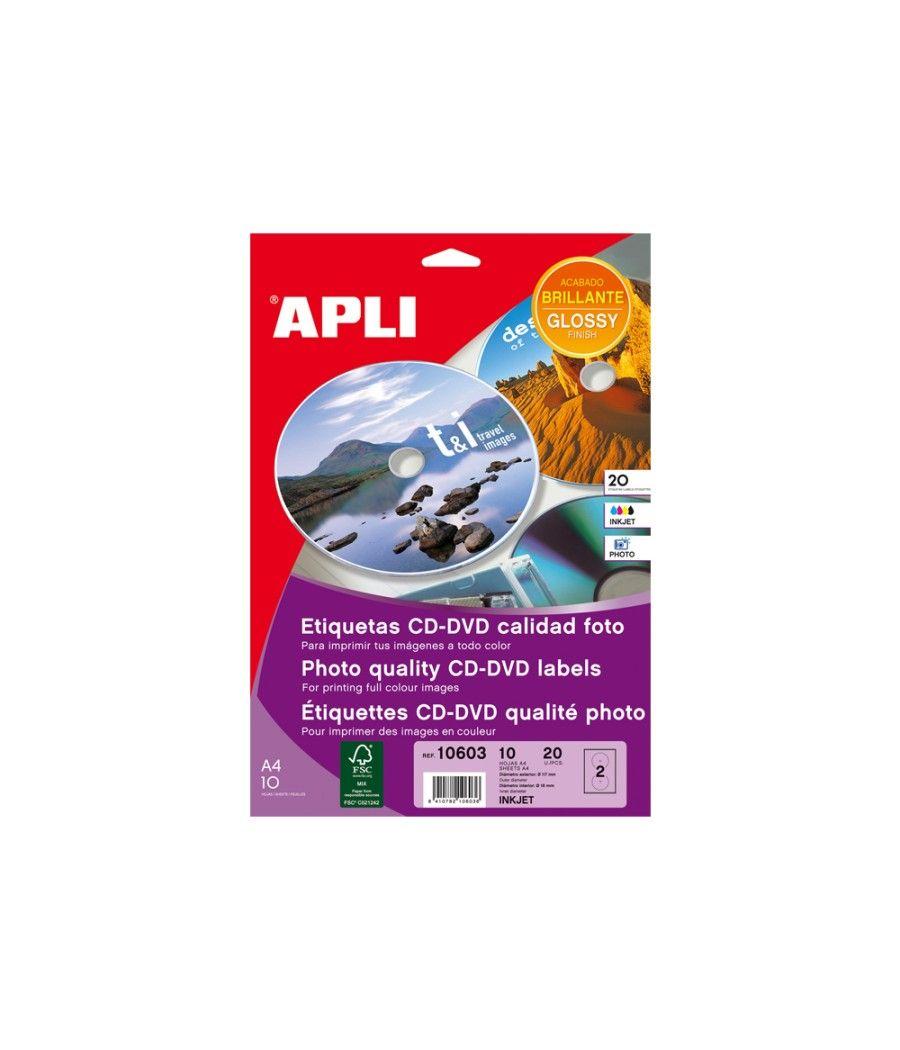 Etiqueta adhesiva apli 10603 tamaño cd-rom 117 mm para fotocopiadora láser ink-jet caja con 10 hojas/20 etiquetas - Imagen 1