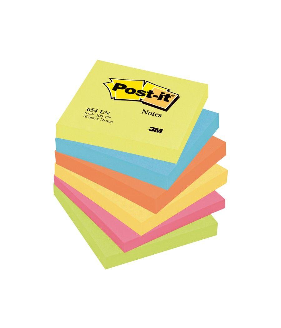 Bloc de notas adhesivas quita y pon post-it 76x76 mm neon pack de 6 blocs surtido - Imagen 1