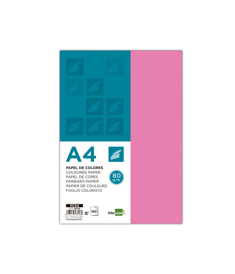 Papel color liderpapel a4 80g/m2 rosa paquete de 100 - Imagen 1