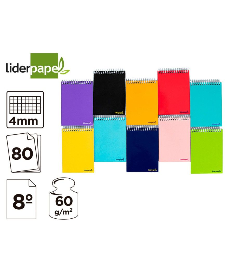 Cuaderno espiral liderpapel bolsillo octavo apaisado smart tapa blanda 80h 60gr cuadro 4mm colores surtidos - Imagen 1