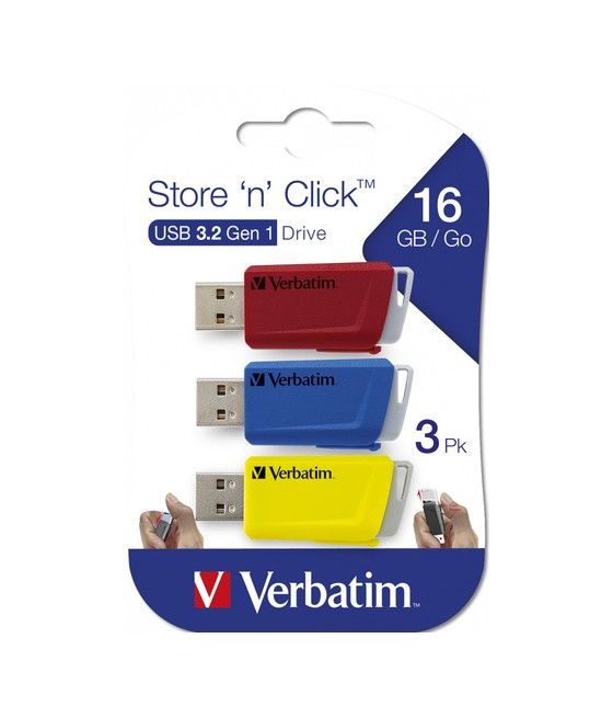 Verbatim Store 'n' Click - Unidad USB 3.2 GEN1 - 3x16 GB, Rojo/Azul/Amarillo - Imagen 2