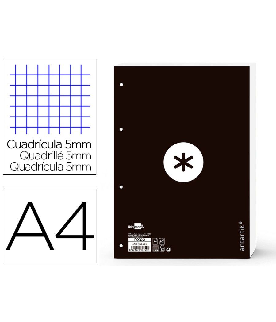 Recambio liderpapel a4 antartik 80 hojas 90g/m2 cuadro 5 mm 4 taladros 1 banda marco color negro - Imagen 2