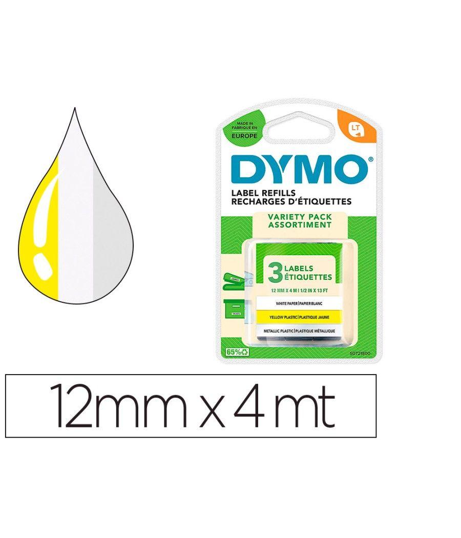 Cinta dymo metalizada letratag 12mm x 4mt papel blanco / plástico amarillo / metálica plata pack de 3 - Imagen 1