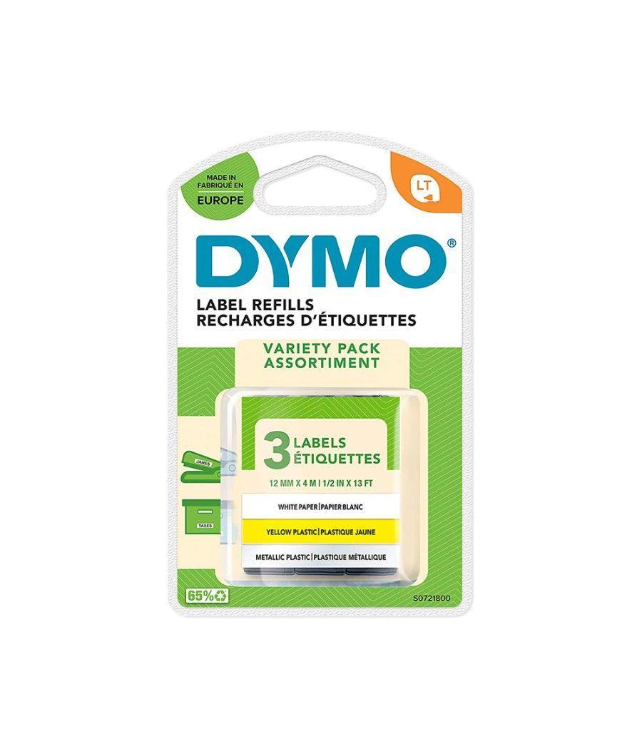 Cinta dymo metalizada letratag 12mm x 4mt papel blanco / plástico amarillo / metálica plata pack de 3 - Imagen 2