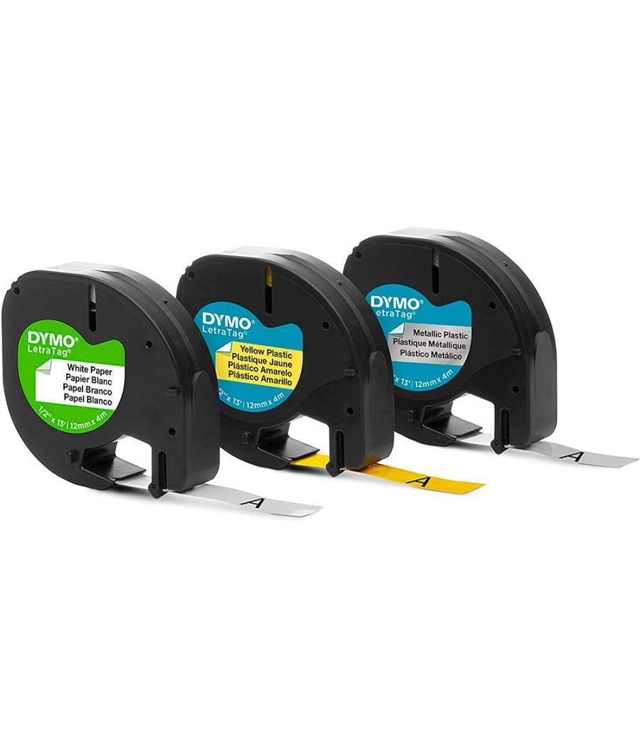 Cinta dymo metalizada letratag 12mm x 4mt papel blanco / plástico amarillo / metálica plata pack de 3 - Imagen 3