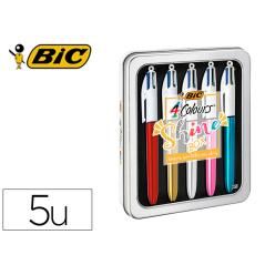 Bolígrafo bic cuatro colores shine box caja metálica 5 unidades surtidas
