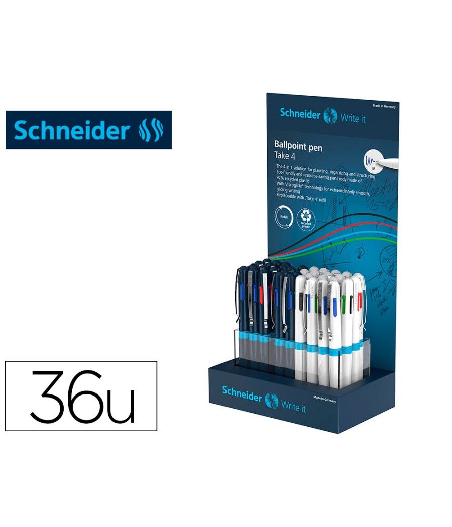 Bolígrafo schneider take 4 reciclado 92% cuatro colores expositor de 36 unidades 160x100x305 mm - Imagen 2