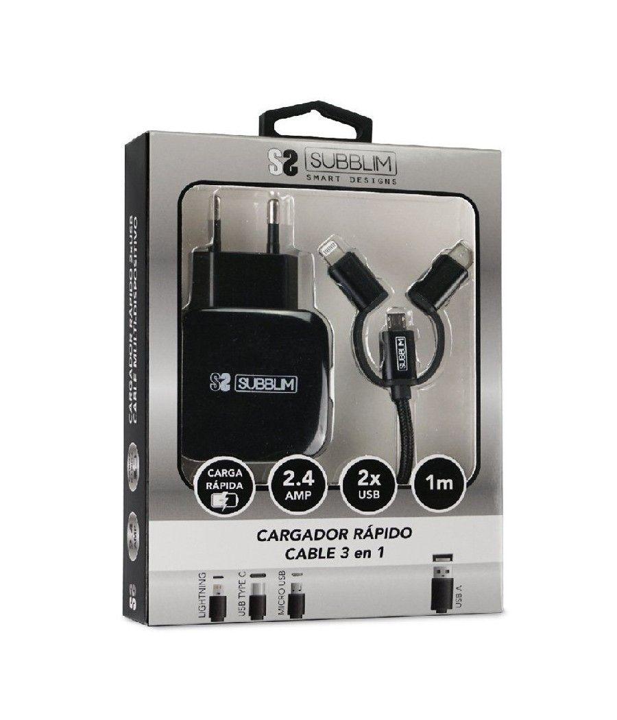 Cargador de pared subblim sub-chg-1zwc02/ 2xusb + cable 3 en 1/ 2.4a/ negro - Imagen 1