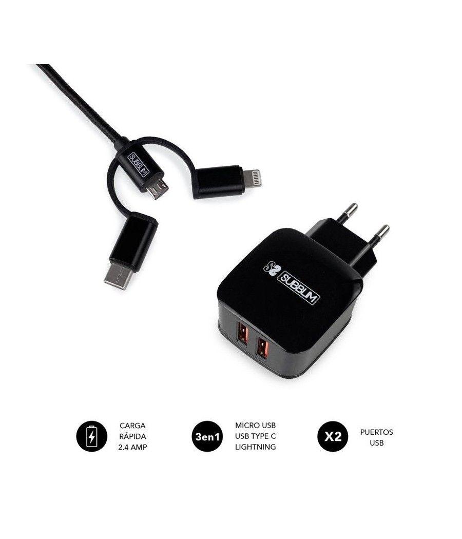 Cargador de pared subblim sub-chg-1zwc02/ 2xusb + cable 3 en 1/ 2.4a/ negro - Imagen 2