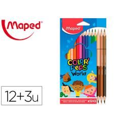 Lápices de colores maped color peps world caja de 12 colores surtidos + 3 dúo tonos de piel