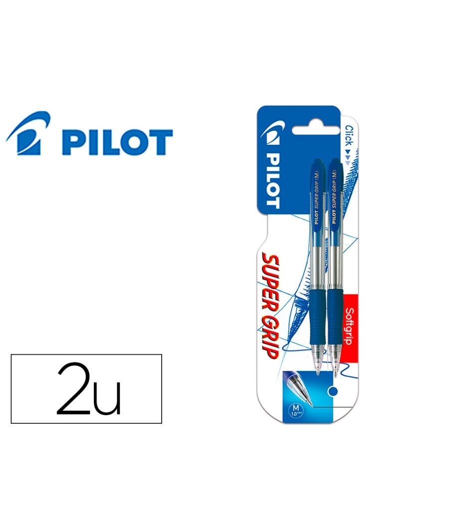 Bolígrafo pilot super grip azul retráctil sujecion de caucho tinta base de aceite en blister de 2 unidades - Imagen 2