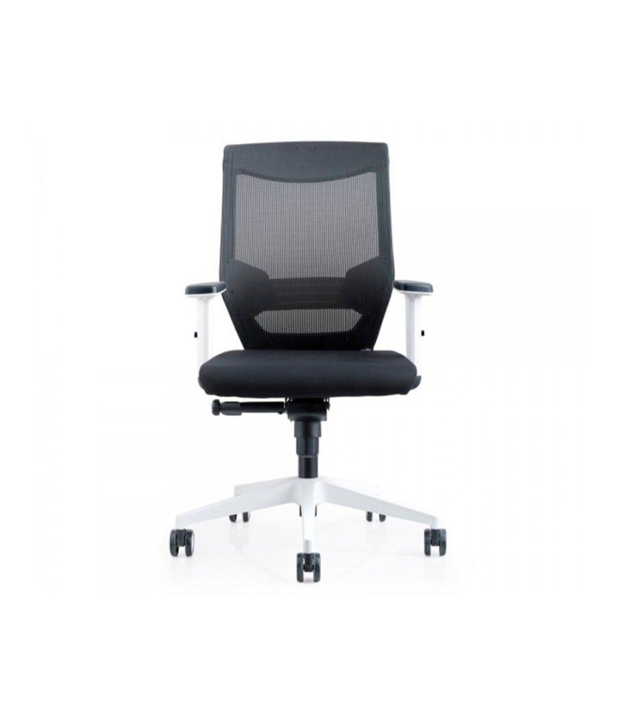 Silla rocada de oficina con brazos regulables y respaldo malla negro tapizada en tela ignifuga negro color blanco - Imagen 4