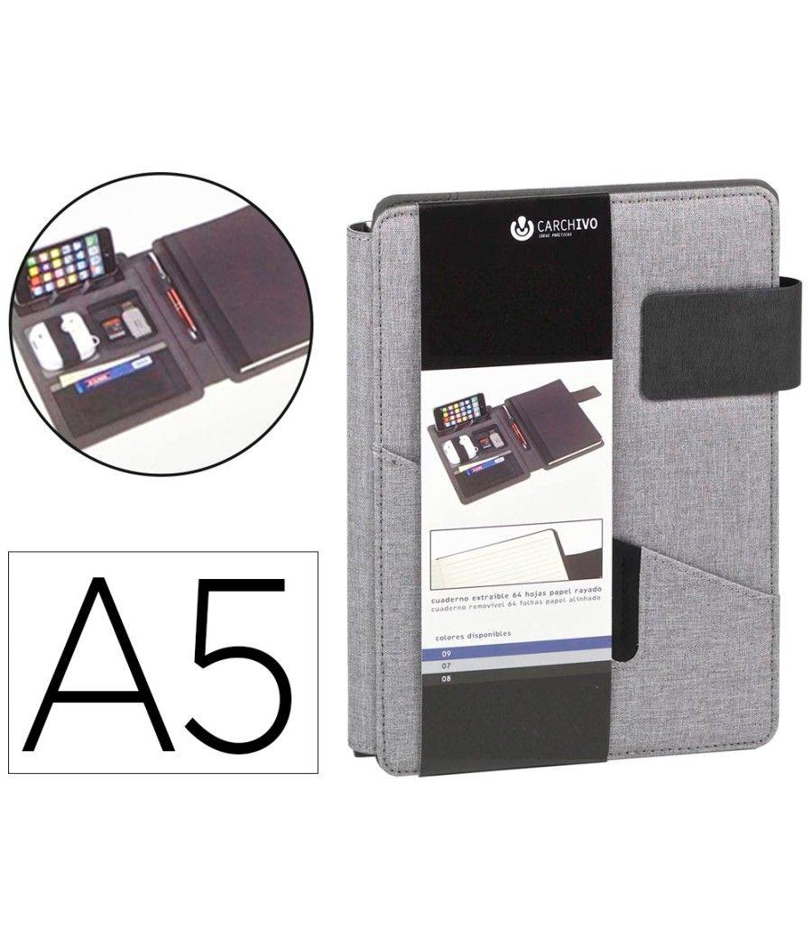 Portanotas carchivo venture din a5 con soporte smartphone cuaderno color gris - Imagen 2