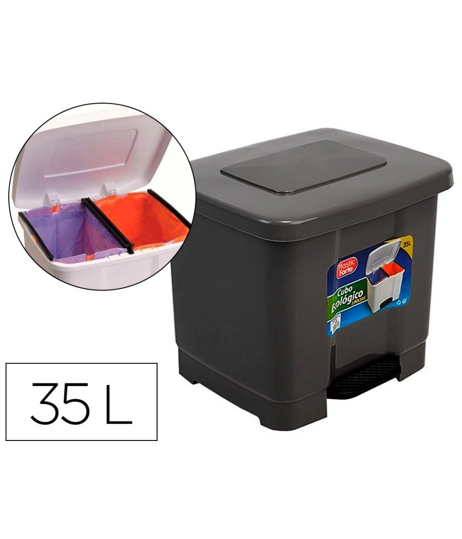 Papelera contenedor plasticforte plástico con pedal 2 compartimentos 35 litros gris oscuro - Imagen 2