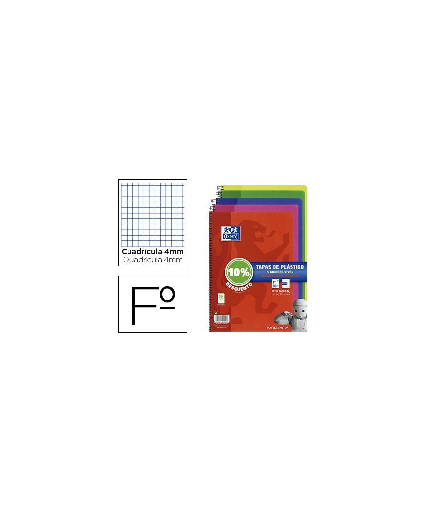 Cuaderno espiral oxford tapa plástico folio 80 hojas cuadro 4 mm pack 5 unidades colores vivos - Imagen 2