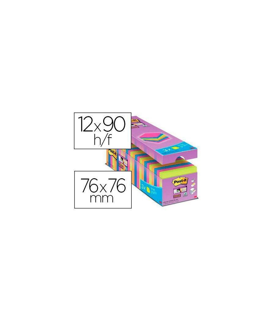 Bloc de notas adhesiva quita y pon post-it super sticky 76x76 mm 90 hojas colores surtidos pack de 21 + 3 - Imagen 2