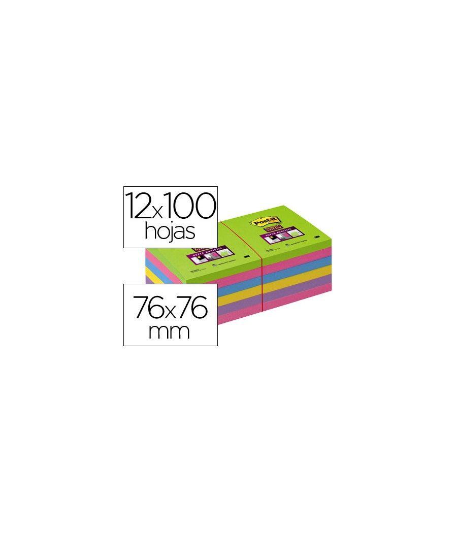 Bloc de notas adhesivas quita y pon post-it super stick ultra 76x76 mm pack de 12 bloc verde rosa amarilla - Imagen 2