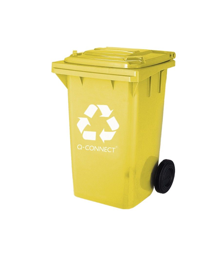 Papelera contenedor q-connect plástico amarillo para plásticos y envases metélicos 100l con tapa y ruedas 750x470x370 mm - Image