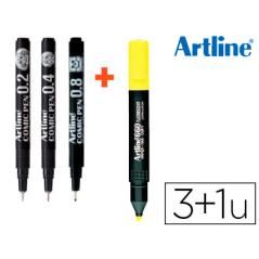 Rotulador artline comic pen calibrado micrométrico negro bolsa de 3 uds 0,2 0,4 0,8 + fluorescente 660