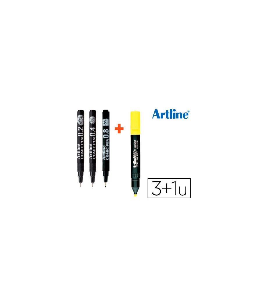Rotulador artline comic pen calibrado micrométrico negro bolsa de 3 uds 0,2 0,4 0,8 + fluorescente 660 - Imagen 2