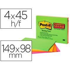 Bloc de notas adhesivas quita y pon post-it super sticky 149x98 mm con 45 hojas pack de 4 unidades colores neon - Imagen 2