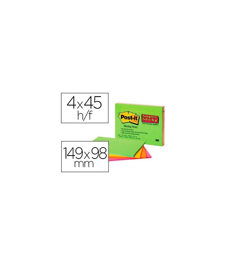 Bloc de notas adhesivas quita y pon post-it super sticky 149x98 mm con 45 hojas pack de 4 unidades colores neon - Imagen 2