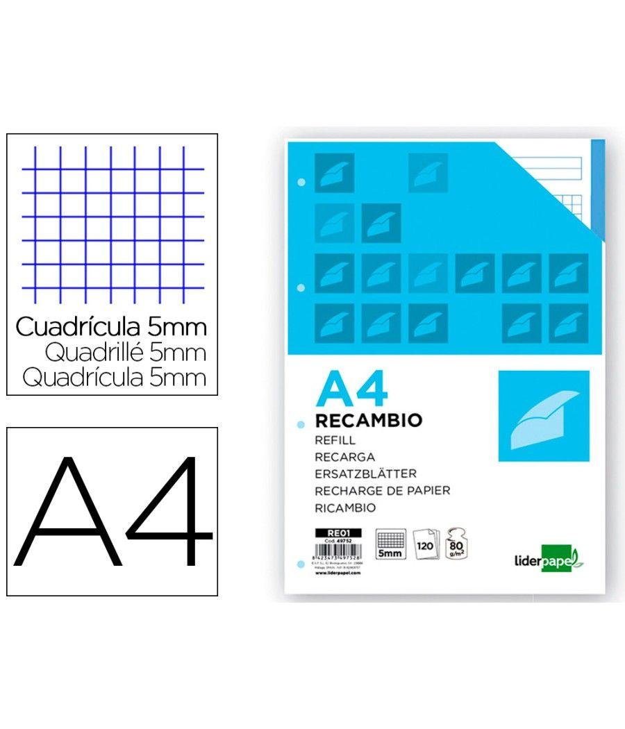 Recambio liderpapel a4 120 hojas 80g/m2 cuadro 5mm sin margen 4 taladros bandas de 5 colores - Imagen 2