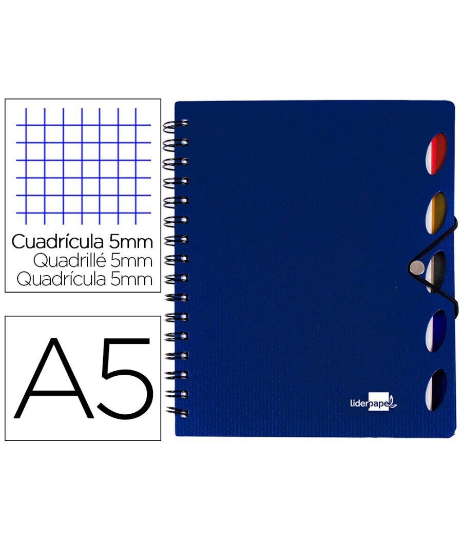 Cuaderno espiral liderpapel a5 micro executive tapa plástico 100h 80 gr cuadro 5mm 5 se paradores con gomilla azul - Imagen 2