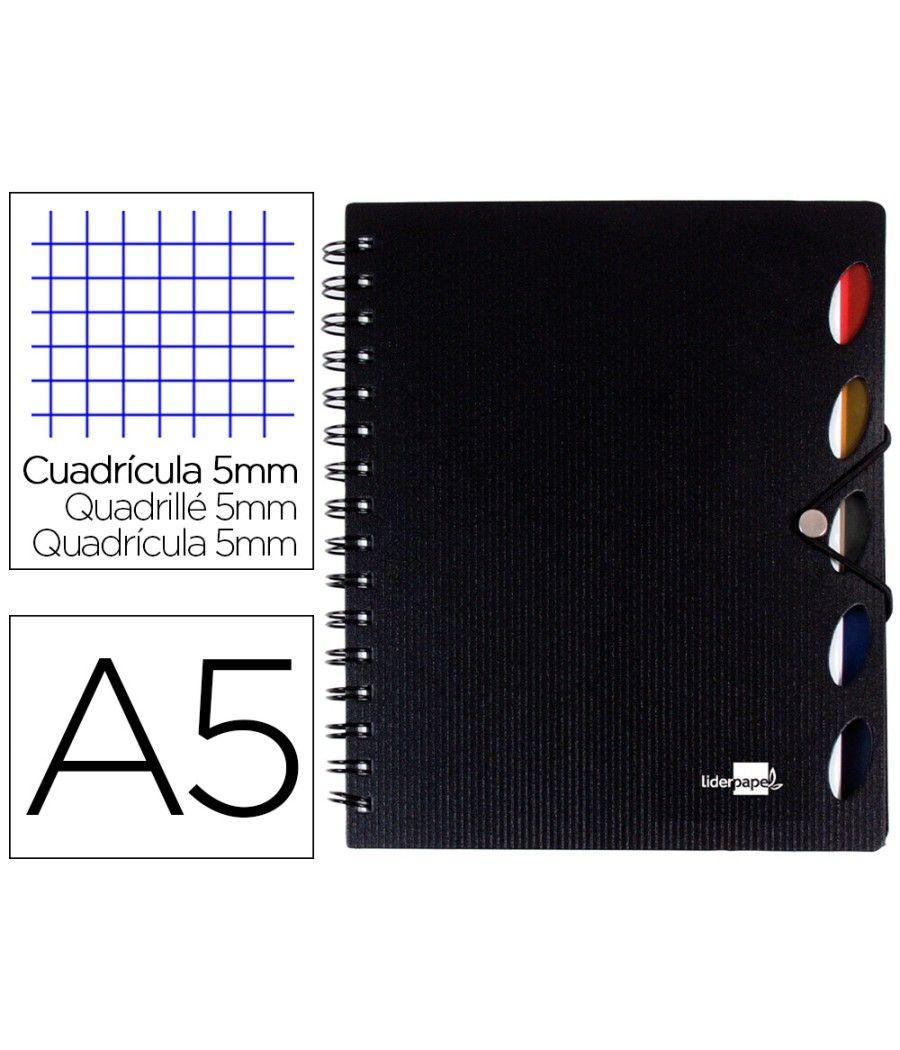 Cuaderno espiral liderpapel a5 micro executive tapa plástico 100h 80 gr cuadro 5mm 5 separadores con gomilla negro - Imagen 2