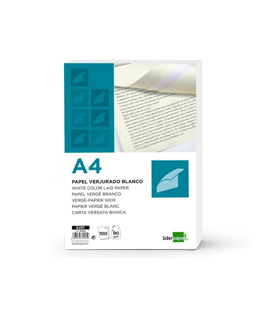 Papel verjurado liderpapel a4 90g/m2 blanco paquete de 100 hojas - Imagen 3