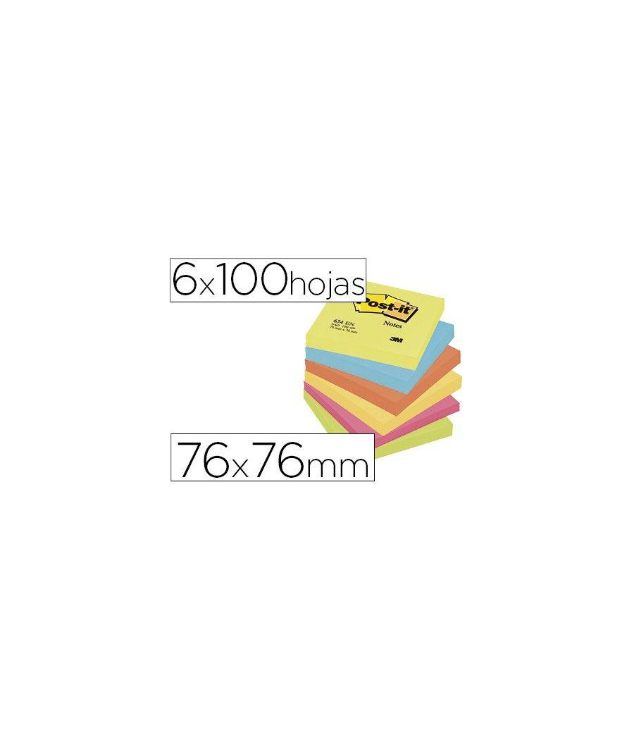 Bloc de notas adhesivas quita y pon post-it 76x76 mm neon pack de 6 blocs surtido - Imagen 2