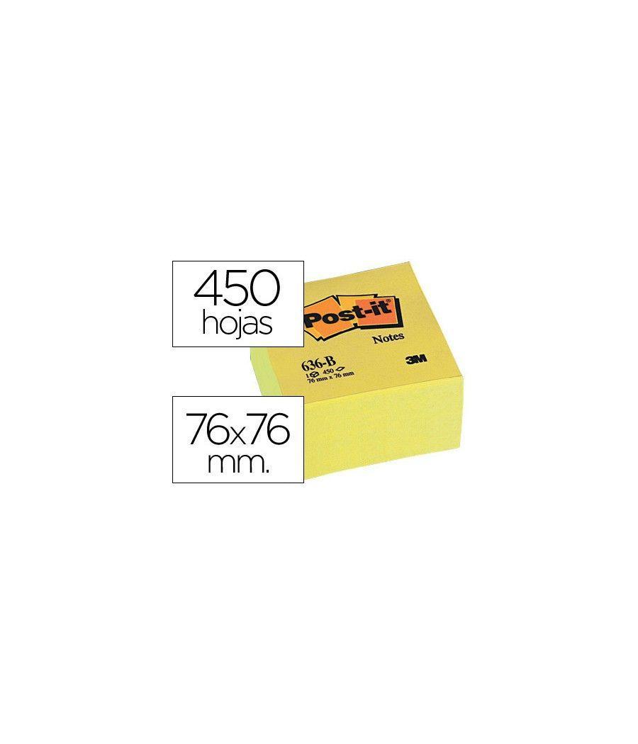 Bloc de notas adhesivas quita y pon post-it 76x76x45 mm cubo colores amarillo 450 hojas - Imagen 2