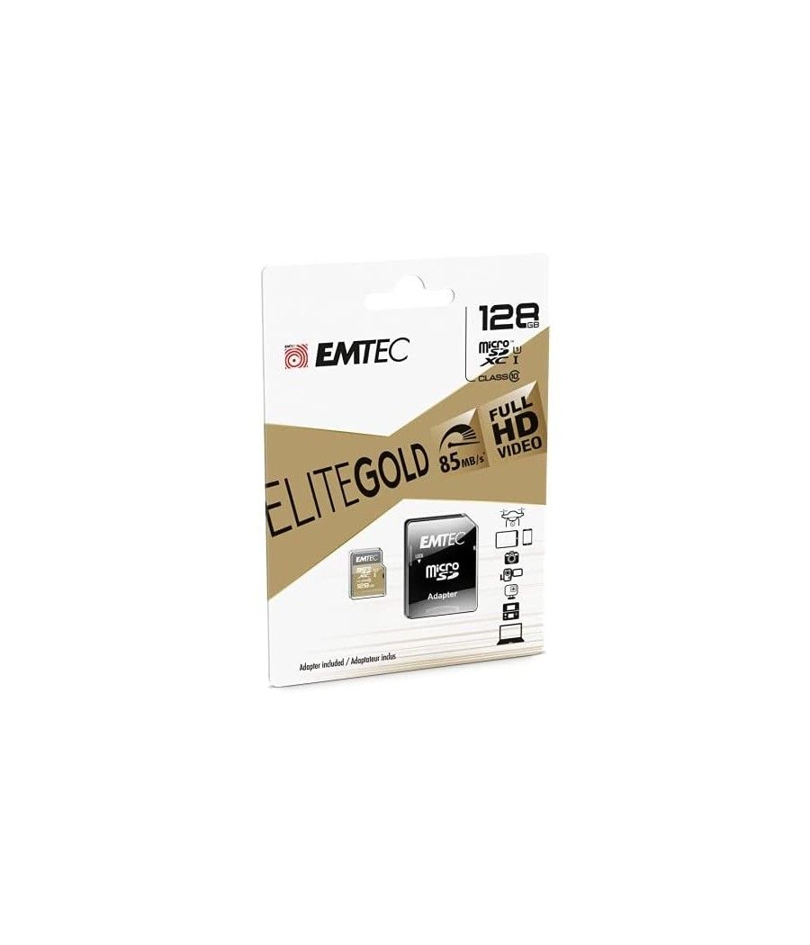 MEMORIA SD MICRO 128GB EMTEC ELITE GOLD 85MB/S SD + ADAPTER CLASS 10 UHS1 U1 ECMSDM128GXC10GP - Imagen 1