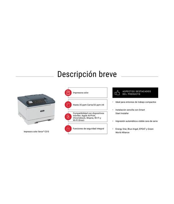 Xerox C310 A4 33 ppm Impresora inalámbrica a doble cara PS3 PCL5e/6 2 bandejas Total 251 hojas - Imagen 1