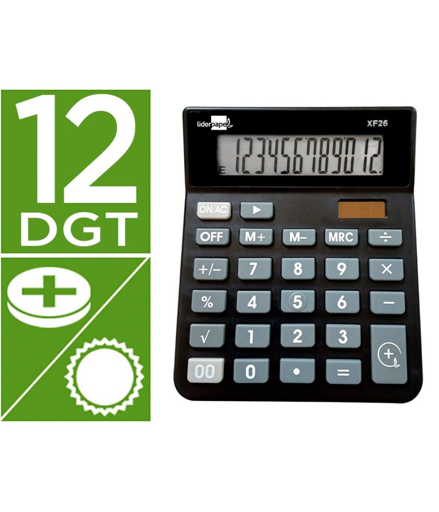 Calculadora liderpapel sobremesa xf26 12 dígitos solar y pilas 127x105x24 mm color negro - Imagen 1