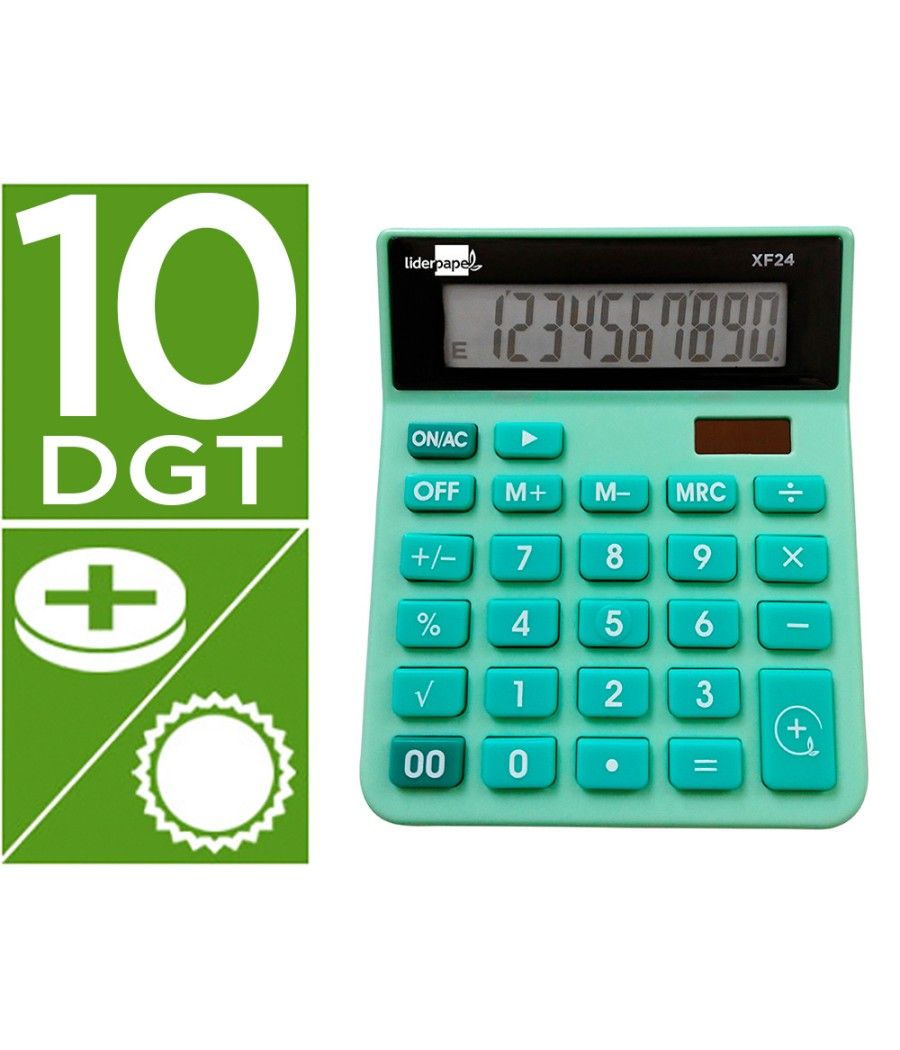 Calculadora liderpapel sobremesa xf24 10 dígitos solar y pilas color verde 127x105x24 mm - Imagen 1