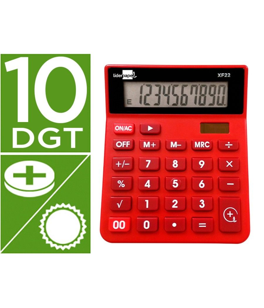 Calculadora liderpapel sobremesa xf22 10 dígitos solar y pilas color rojo 127x105x24 mm - Imagen 1