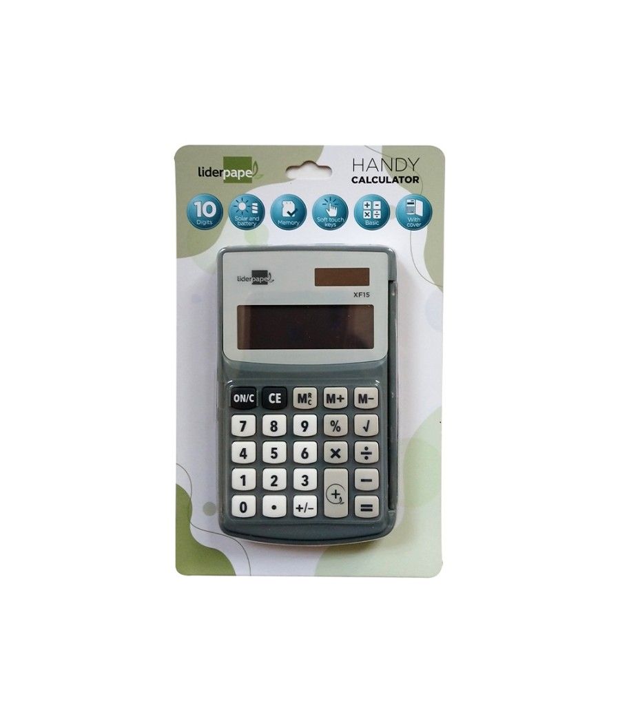 Calculadora liderpapel bolsillo xf15 10 dígitos con tapa solar y pilas color gris 123x75x12 mm - Imagen 3