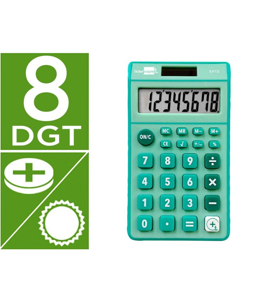 Calculadora liderpapel bolsillo xf13 8 dígitos solar y pilas color verde 115x65x8 mm - Imagen 1