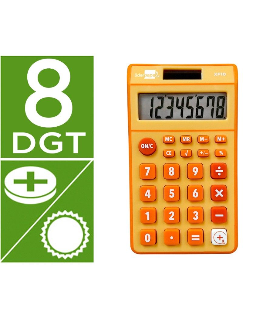 Calculadora liderpapel bolsillo xf10 8 dígitos solar y pilas color naranja 115x65x8 mm - Imagen 1